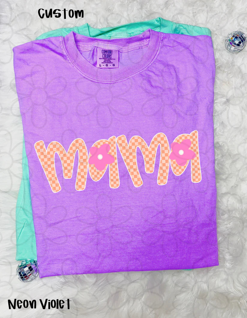 Peach Checker Pink Flower Mama DTF Transfer