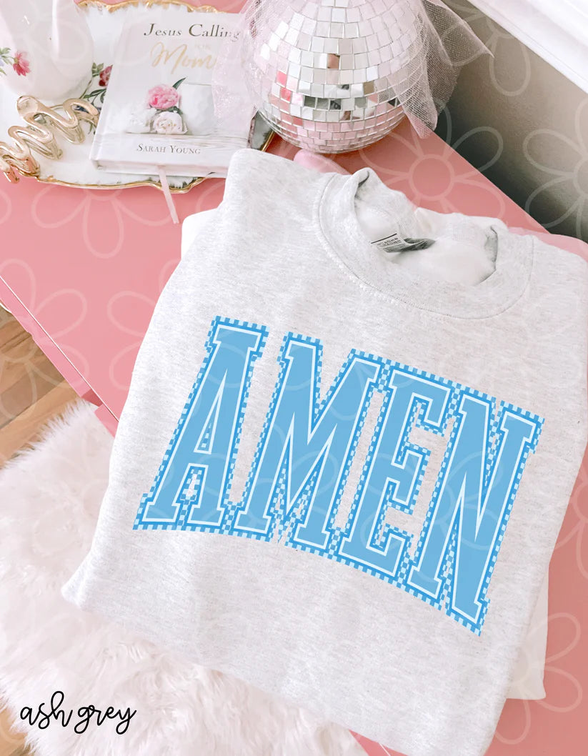 Blue Checkered Amen DTF Transfer