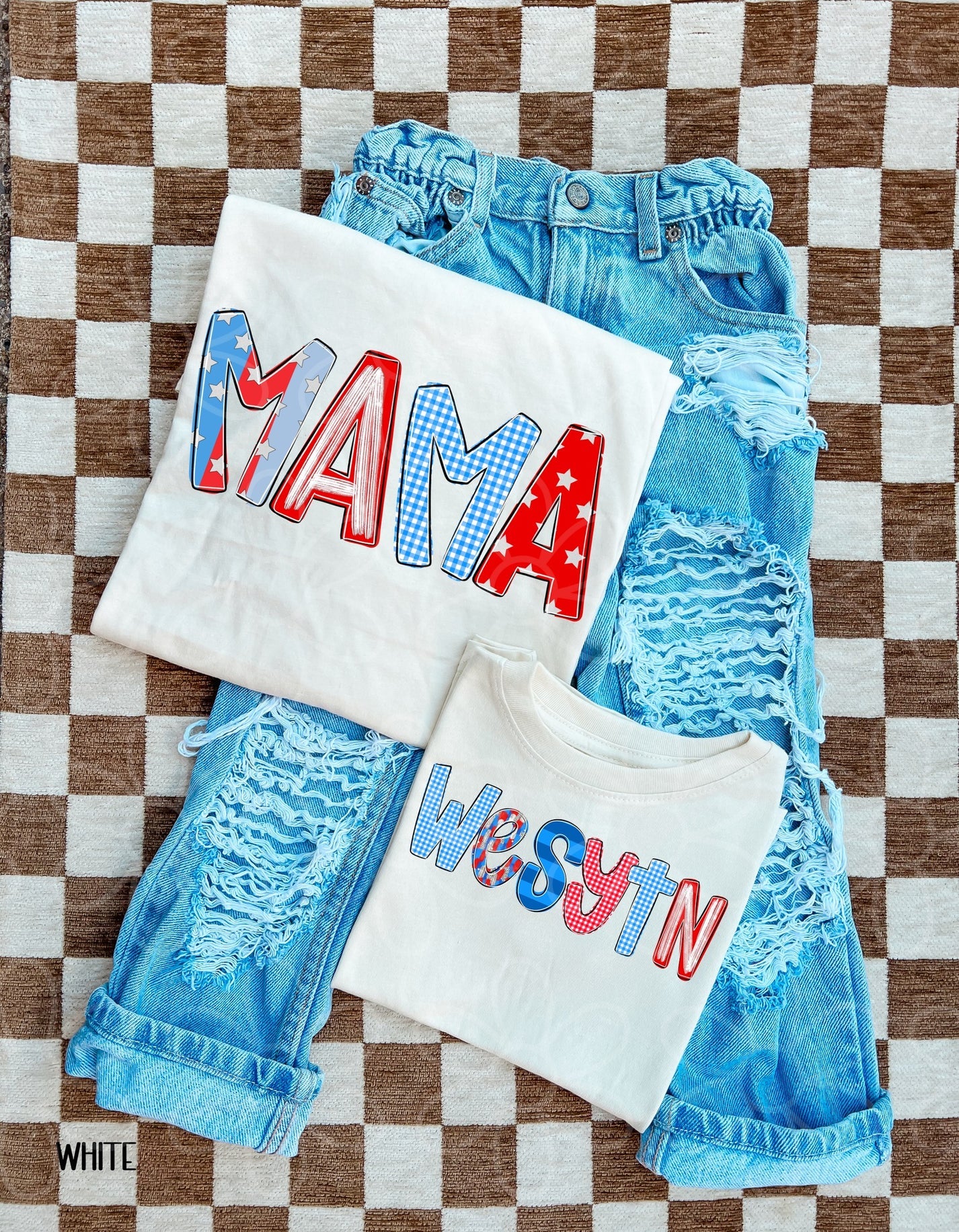 Custom Brushstroke Gingham RWB Names DTF Transfer