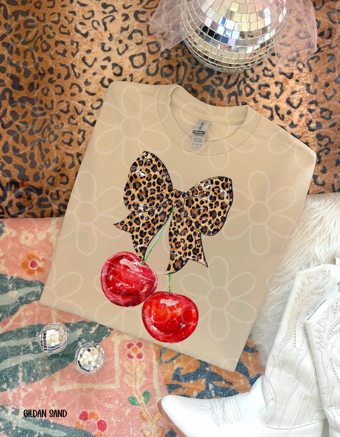 Distressed Cherries Leopard Bow DTF Transfer