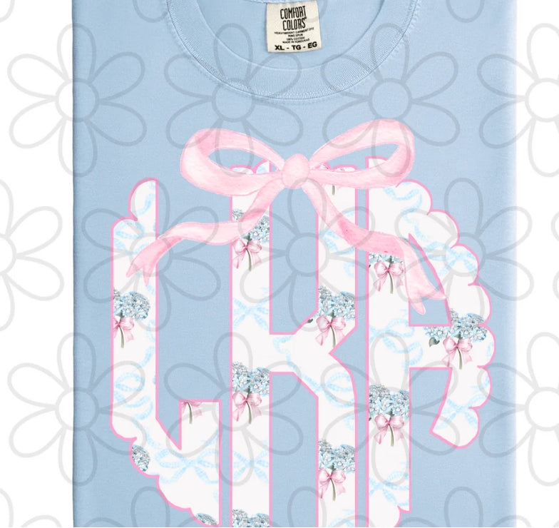 Blue Hydrangeas Pink Bow Monogram DTF Transfer