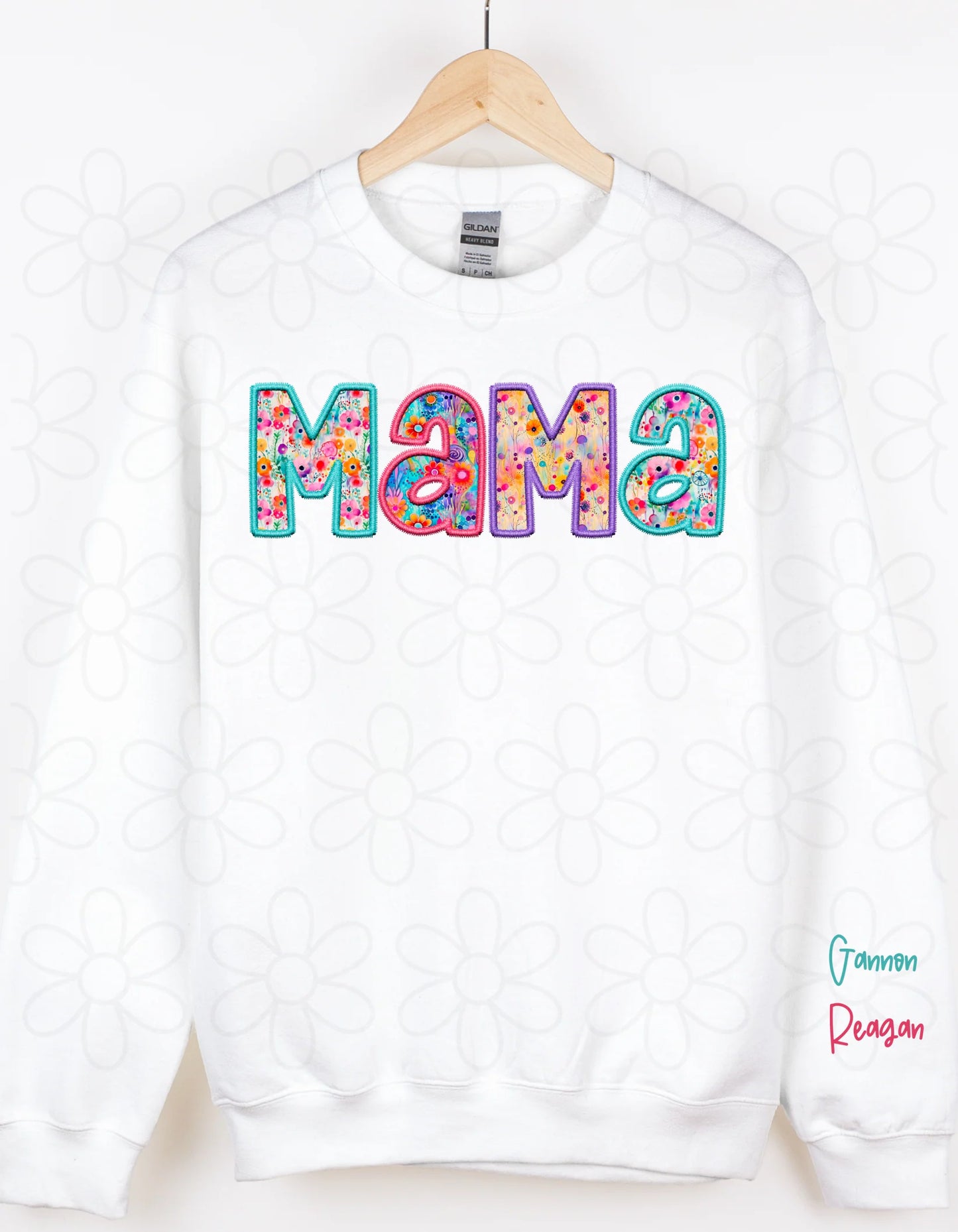 Bright Floral Faux Mama With Name On Sleeves DTF Transfer