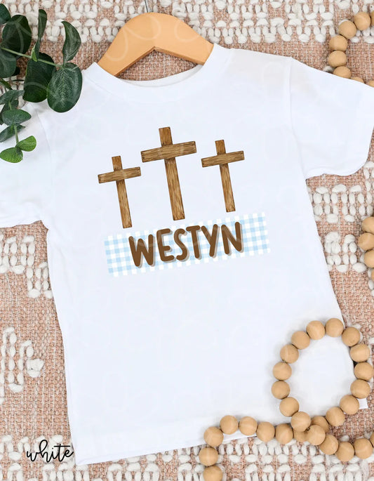 Cross Blue Gingham Custom Name DTF Transfer