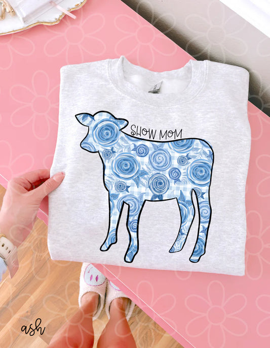 Blue Floral Cow Show Mom DTF Transfer