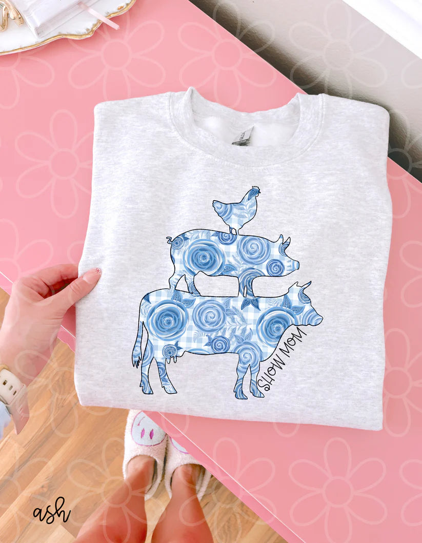 Blue Floral Chicken Pig Cow Show Mom DTF Transfer