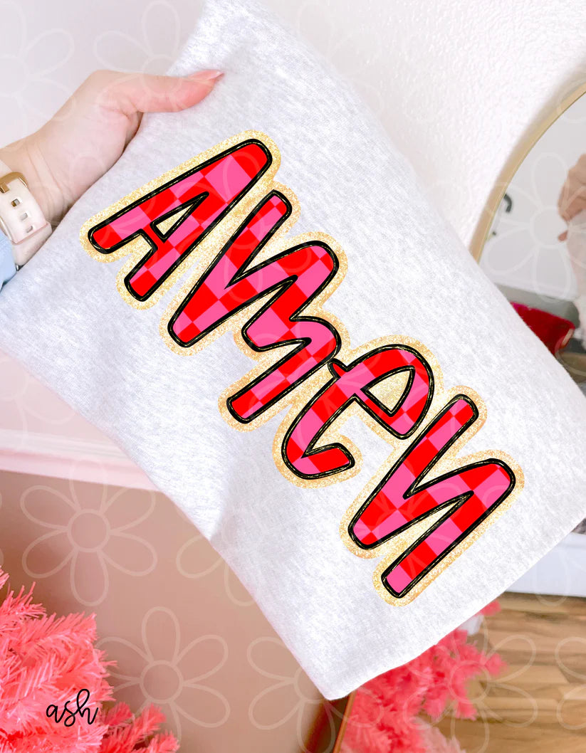 Pink Red Checkered Amen DTF Transfer