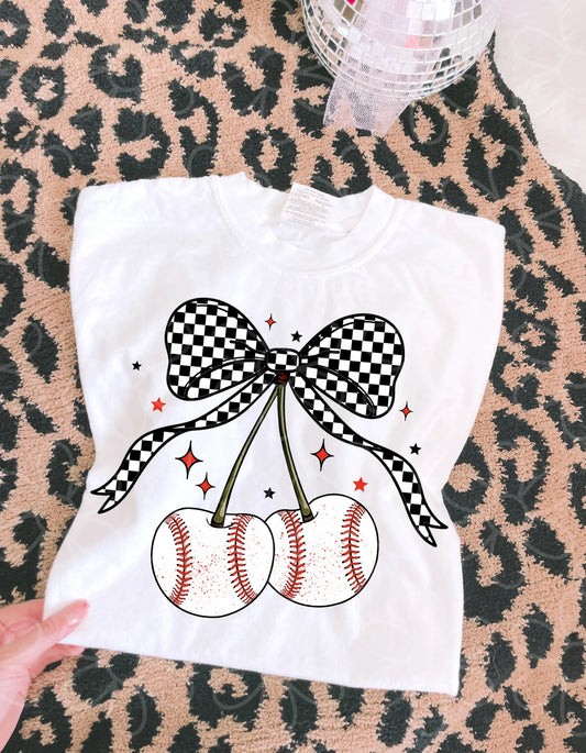 Baseball Cherry Checkered Bow DTF Transfer
