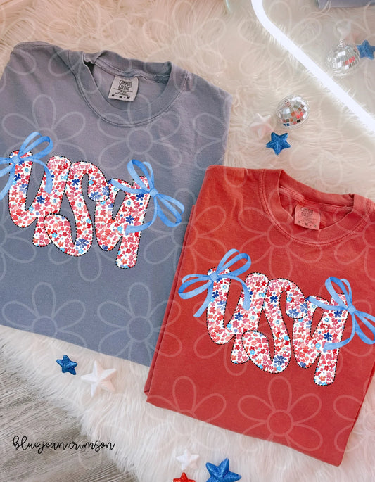 Blue Bow Floral USA DTF Transfer