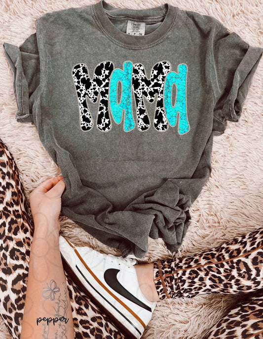 Turquoise and Cowprint Mama Tee
