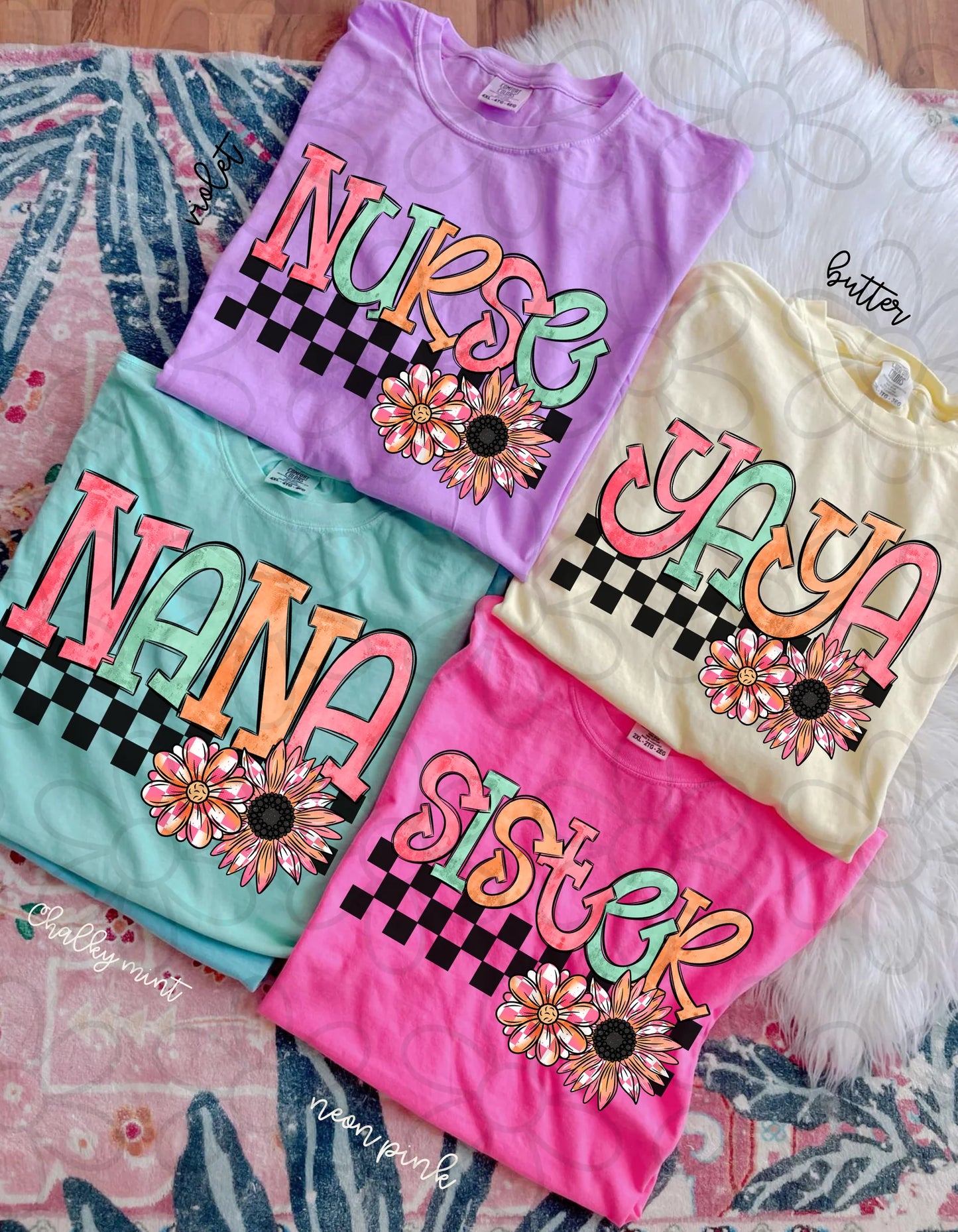 Checkered Flower Names (Multiple Options) DTF Transfer