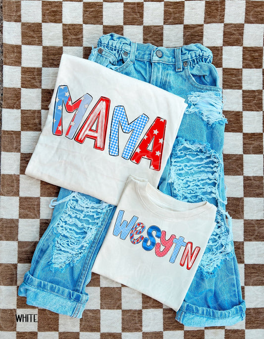 Custom Brushstroke Gingham RWB Names DTF Transfer