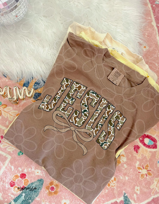 Distressed Camo Jesus Brown Bow DTF Transfer