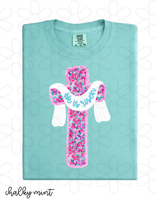 Glitter Floral Cross He Is Risen DTF Transfer