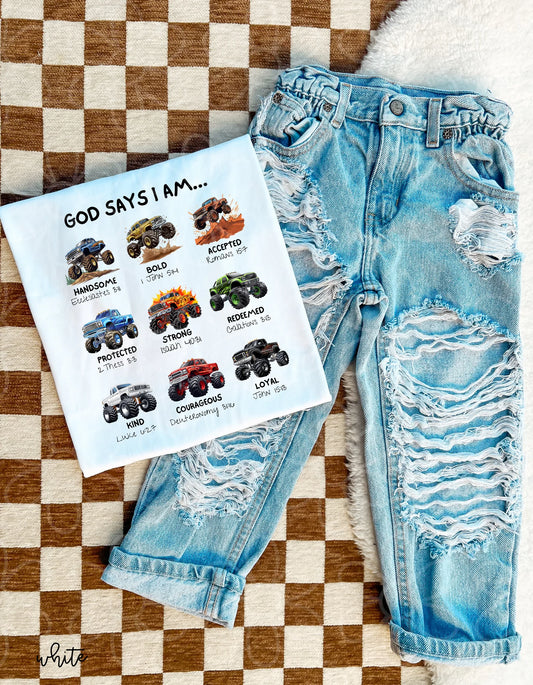 God Says I Am Monster Trucks DTF Transfer