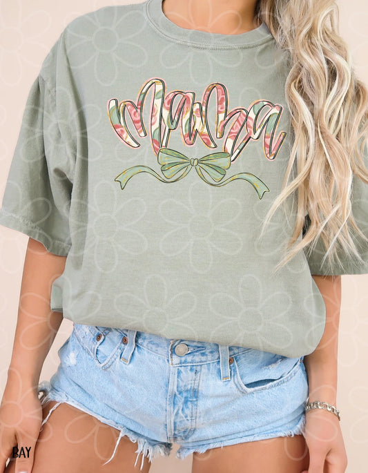 Green Gold Glitter Bow Flower Mama DTF Transfer