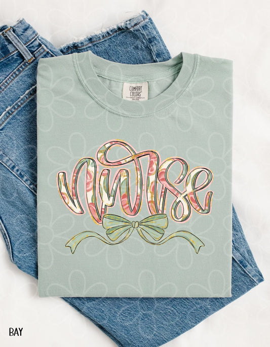 Green Gold Glitter Bow Flower Nurse DTF Transfer