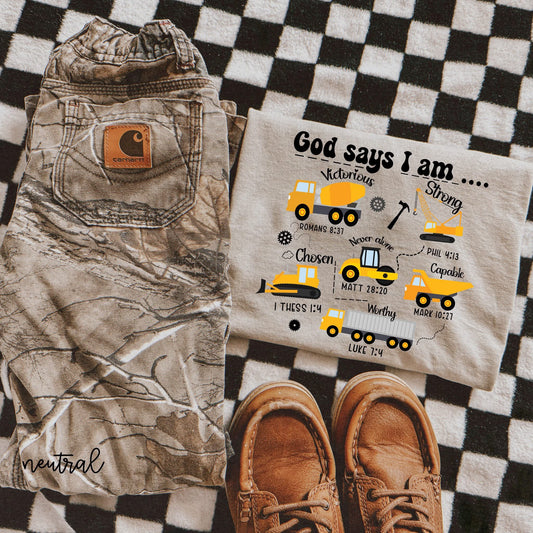 God Says I Am Construction DTF Transfer