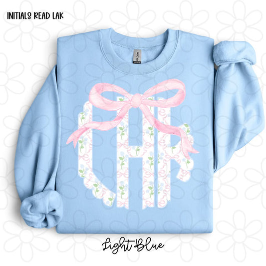 Pink Bows Blue Hydrangeas Monogram DTF Transfer