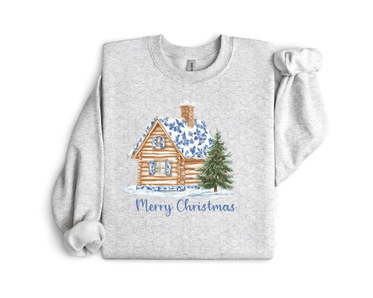 Blue Merry Christmas Cottage DTF Transfer