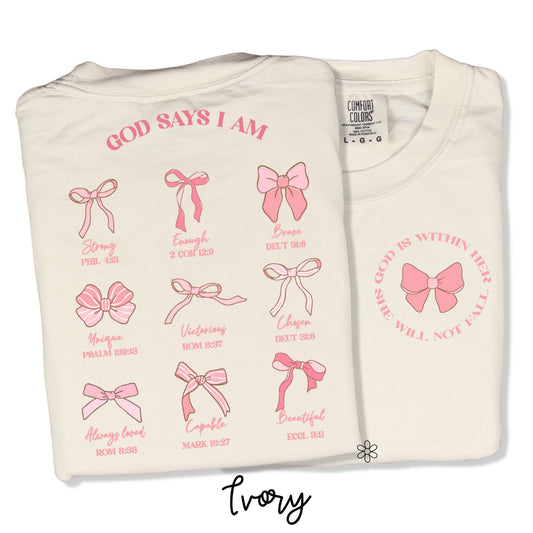 God Says I am Pink Bow Front & Back DTF Transfer
