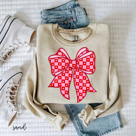 Red Glitter Checkered Valentine Bow DTF Transfer
