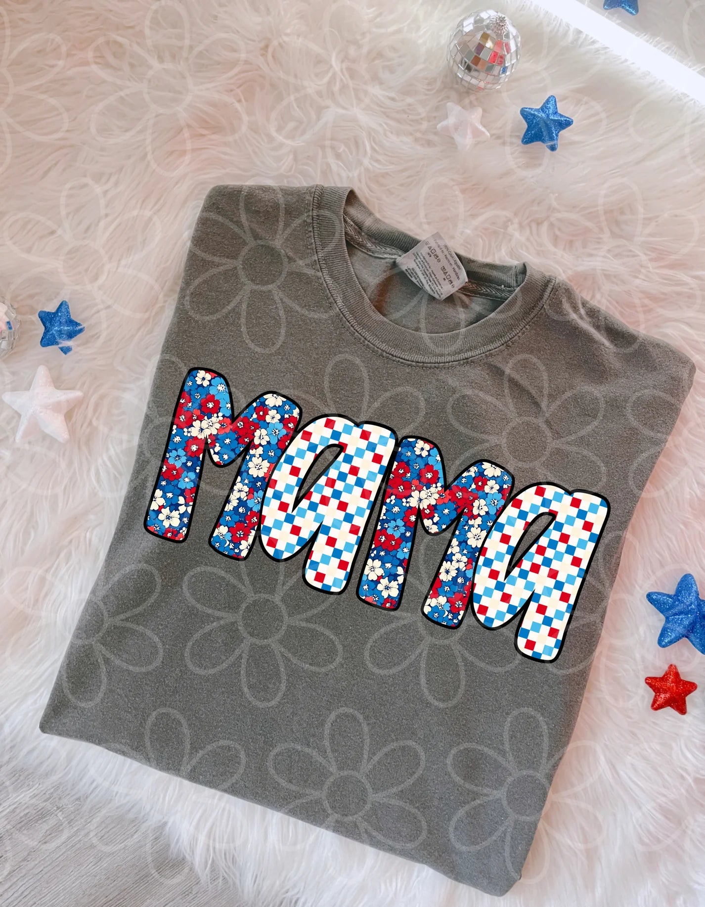 Red, White & Blue Floral Check Mama DTF Transfer