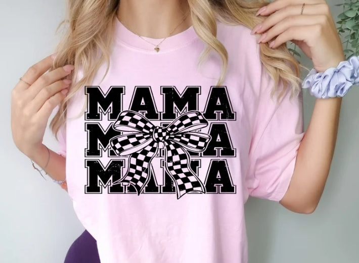 MAMA MAMA MAMA STACKED BOW CHECKERED - SINGLE COLOR SCREEN PRINT