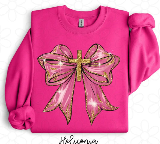 Gold Glitter Cross Pink Bow DTF Transfer