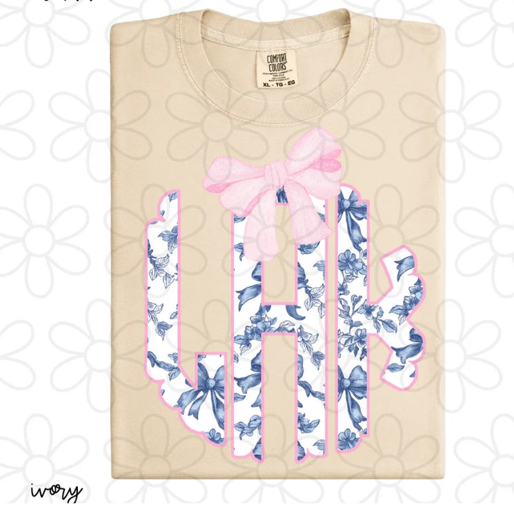 Blue Ribbons And Roses Monogram DTF Transfer