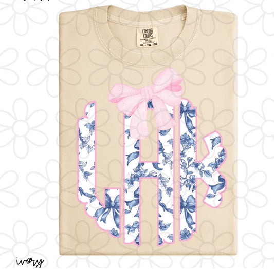 Blue Ribbons And Roses Monogram DTF Transfer