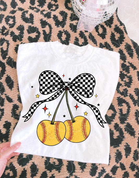 Softball Cherry Checkered Bow DTF Transfer