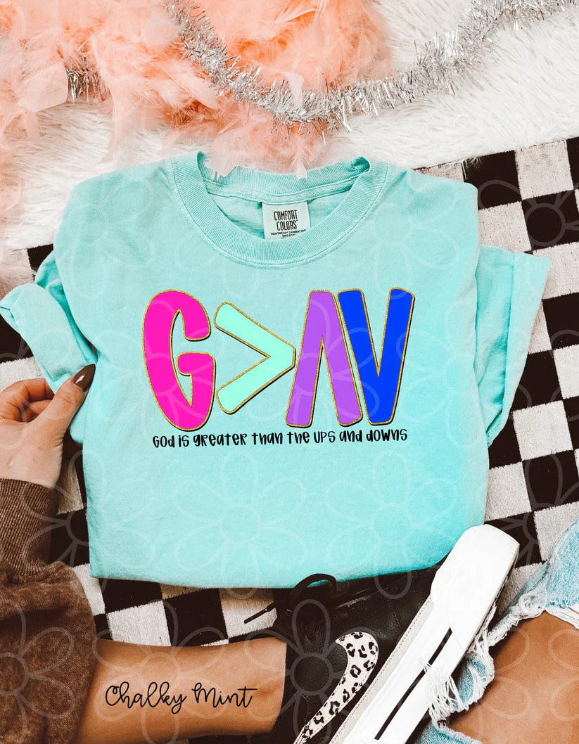 God Is Greater Than The Ups And Downs Gold Glitter DTF Transfer