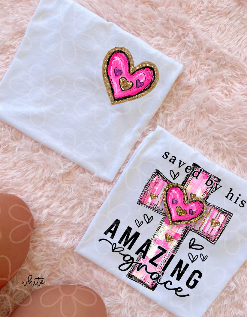 Gold Glitter Cross Saved By His Amazing Grace DTF Transfer